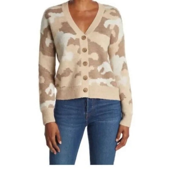 Lucky Brand Sweaters - Lucky Brand Boxy Camouflage Print Knit Cardigan Sweater Tan Size Medium